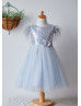 Feather Sleeves Silver Sequin Gray Tulle Amazing Flower Girl Dress